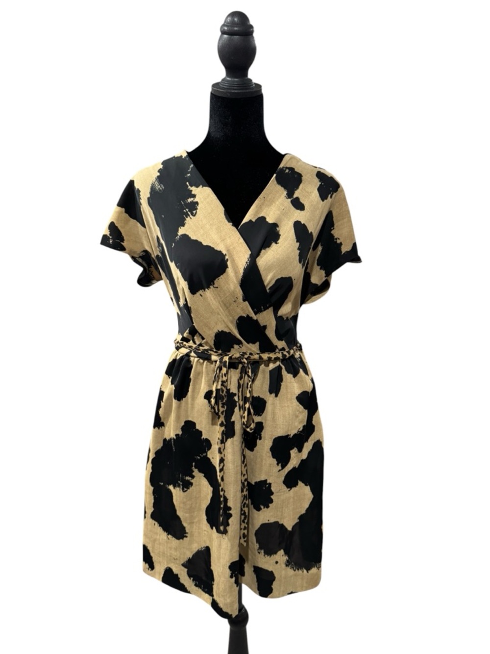 Rachel Rachel Roy Abstract Print Cutout Back Wrap Dress Tan Black XXS